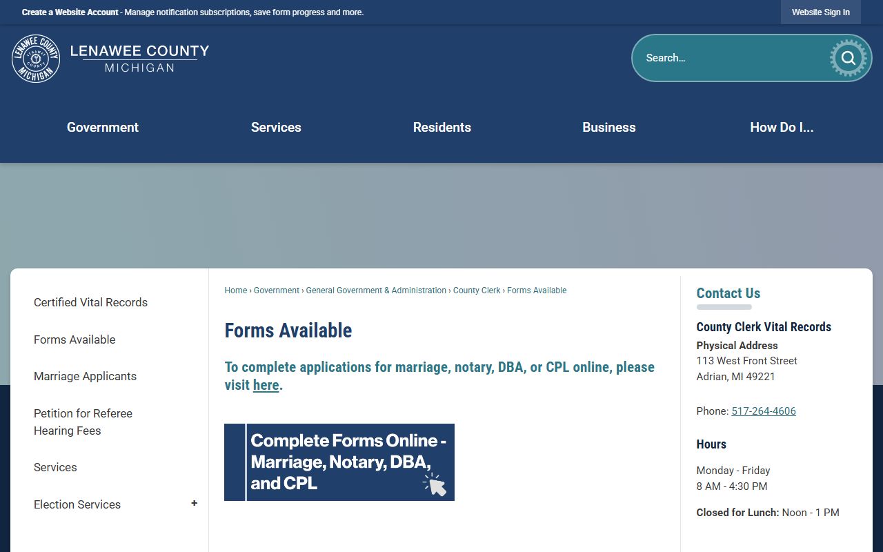 Lenawee County Clerk of Court forms available page
