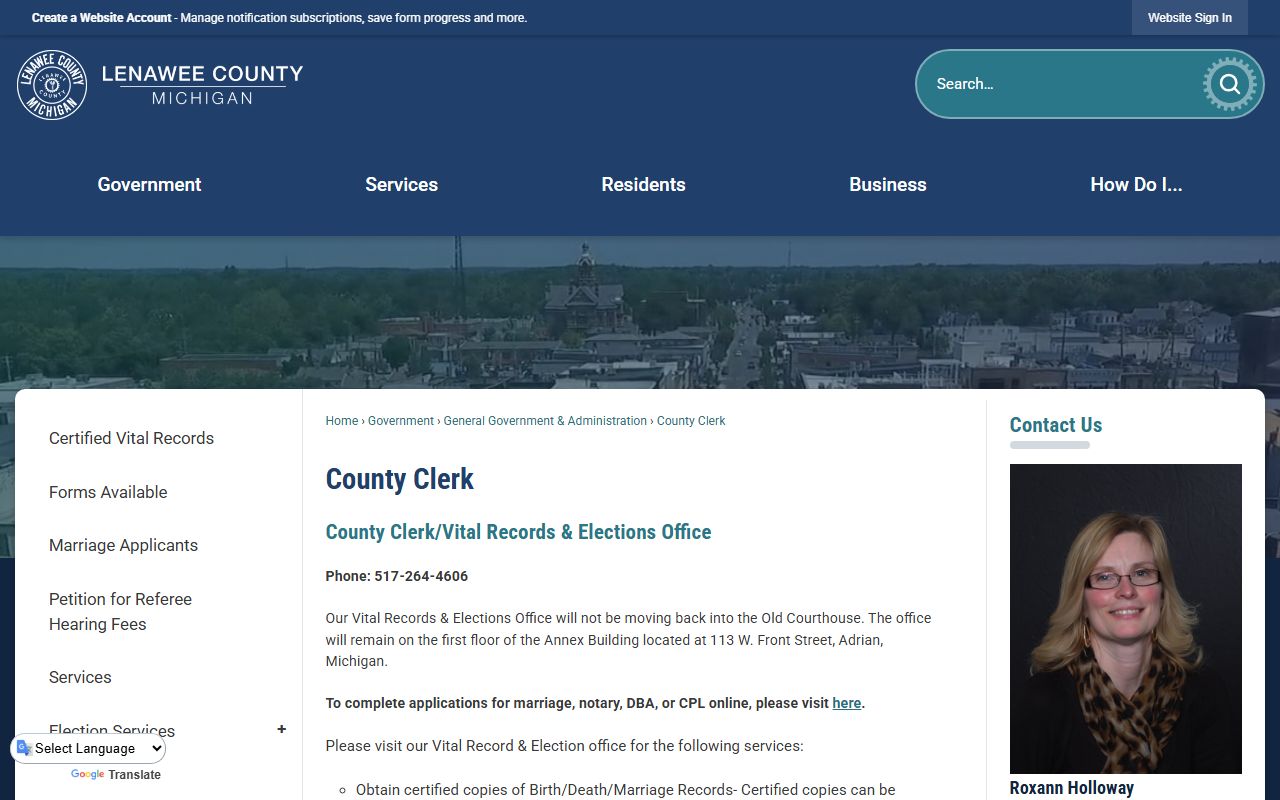 Lenawee County Clerk of Court County Clerk page