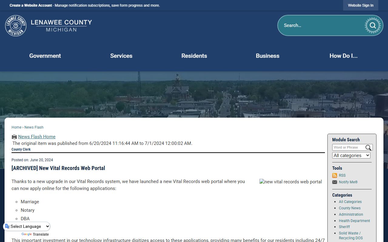 Lenawee County Clerk of Court vital records web portal notice