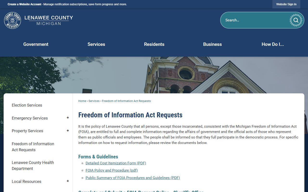 Lenawee County arrest records FOIA request page