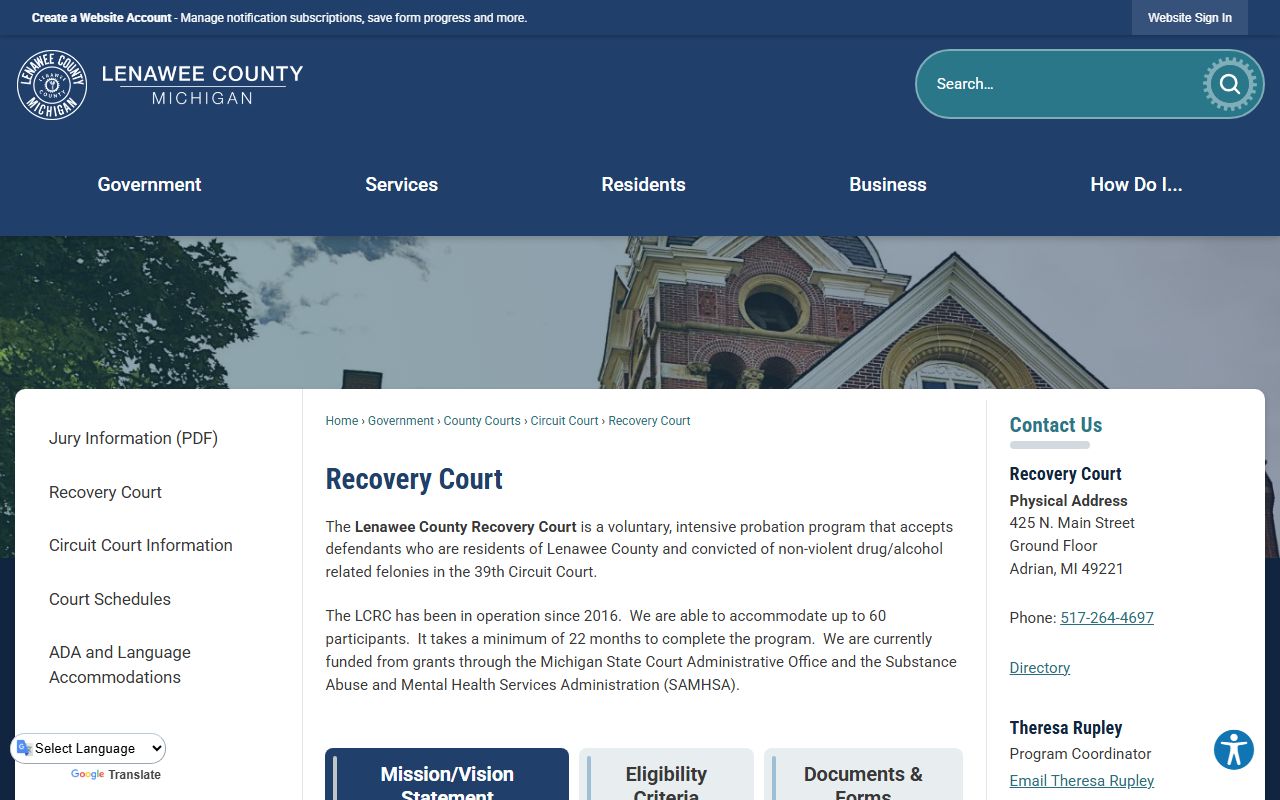 Lenawee County arrest and court charge Recovery Court page