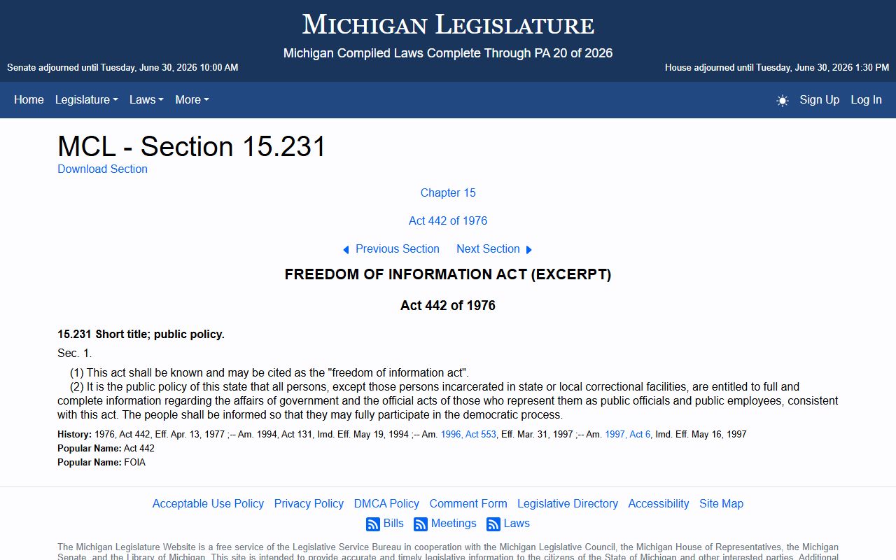 Lenawee County arrest records Michigan FOIA statute