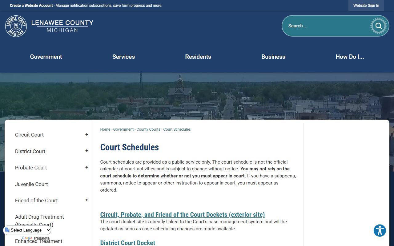 Lenawee County court dockets and hearing schedules page