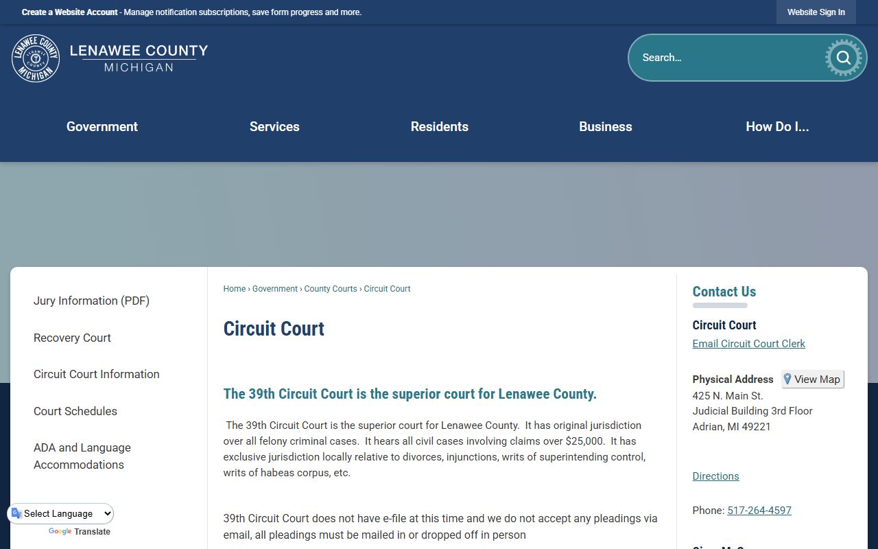 Lenawee County criminal court records at the 39th Circuit Court