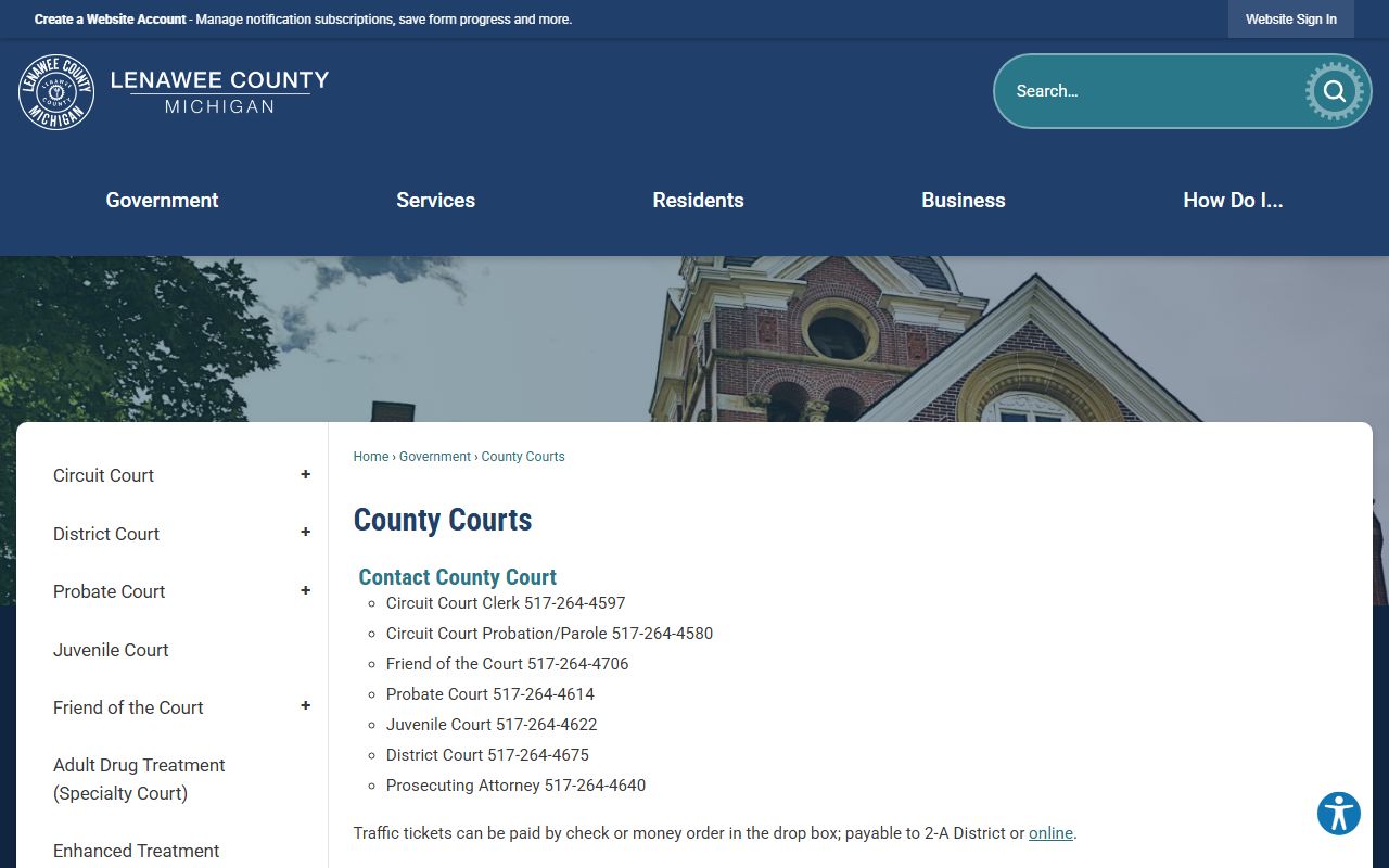 Lenawee County court records menu on the official county courts page