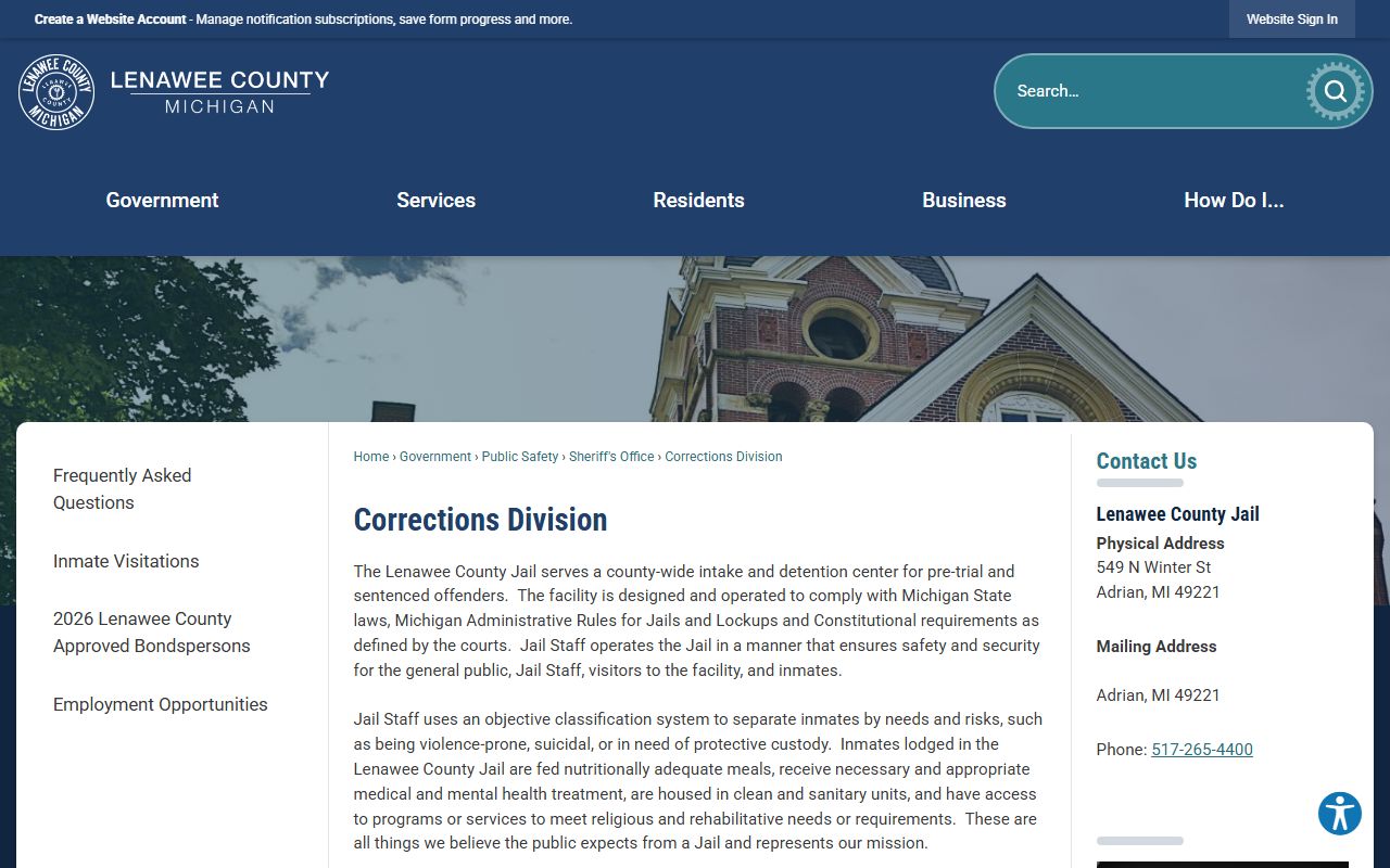 Lenawee County inmate records Corrections Division jail operations page