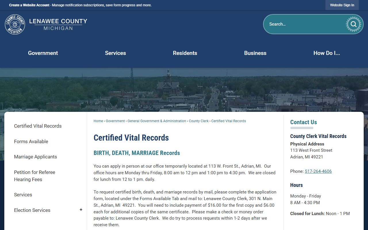 Lenawee County certified vital records and marriage records request page