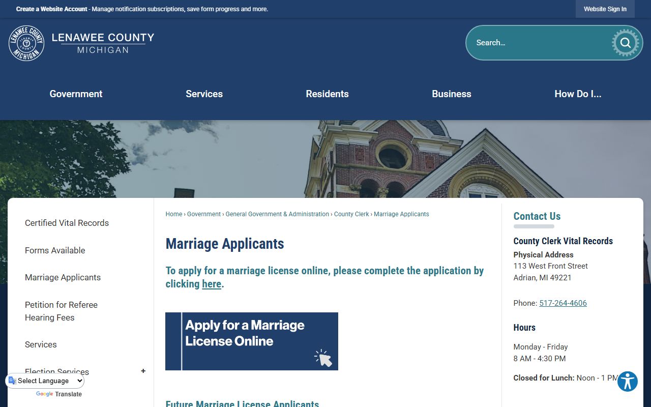 Lenawee County marriage applicants information and license rules page