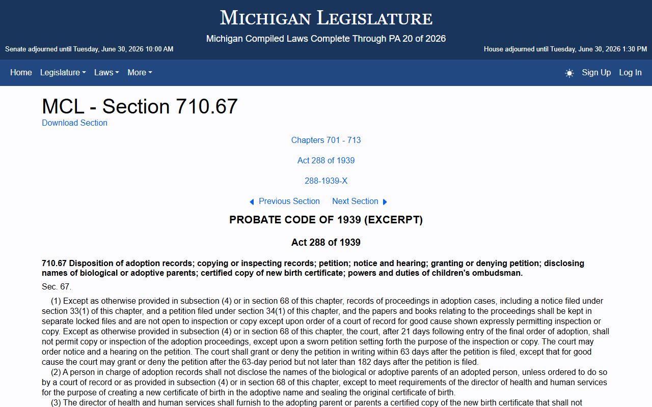 Lenawee County probate records Michigan adoption records statute
