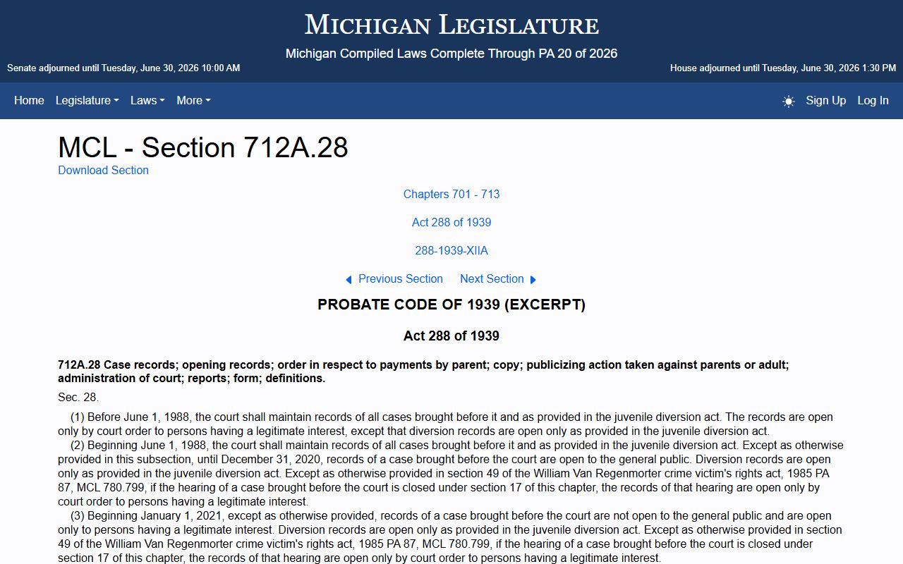 Lenawee County probate records Michigan juvenile records statute