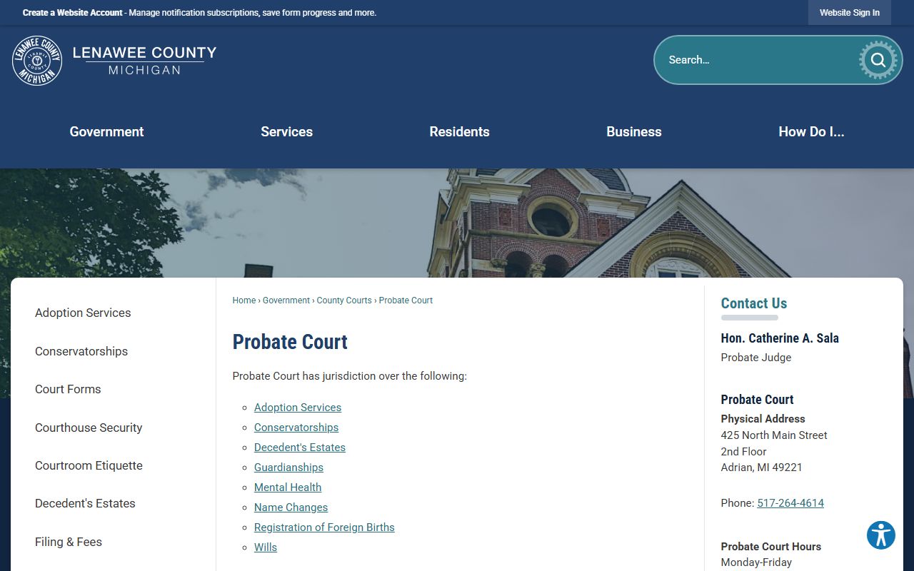 Lenawee County probate records Probate Court page