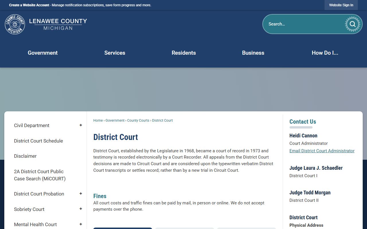 Lenawee County traffic court records 2A District Court page