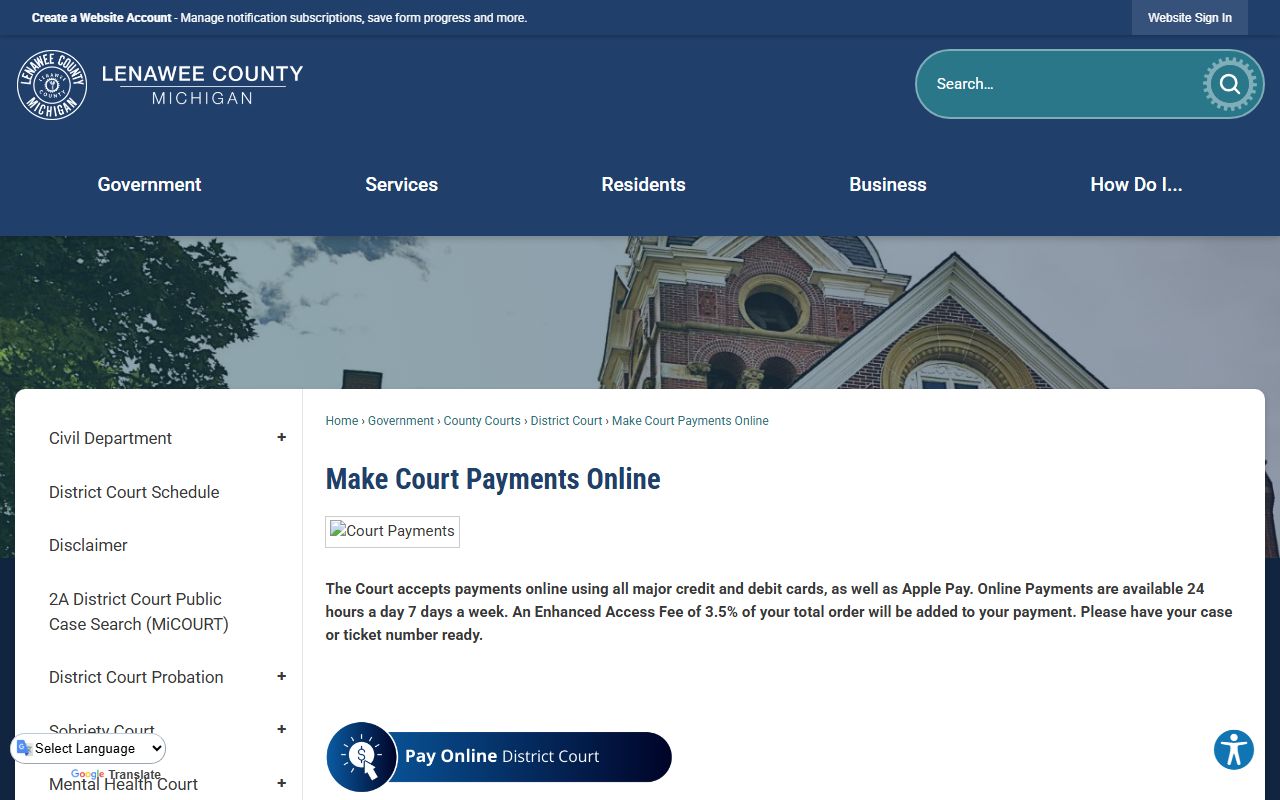 Lenawee County traffic court records online payment page